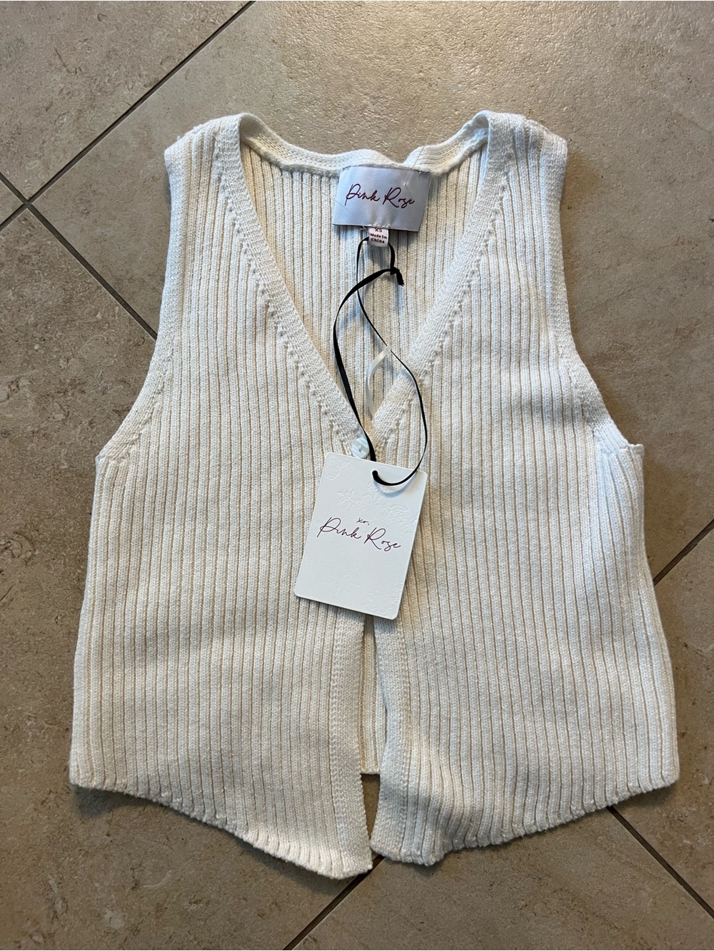 Pink Rose Ivory Ribbed V-Neck Button Vest